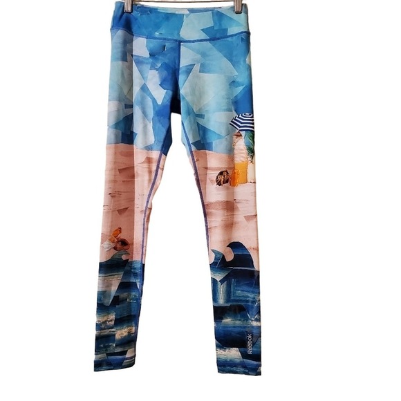 Reebok Leggings Womens Size XSmall Blue Ocean Theme Stretch Gym Yoga Beach - Picture 2 of 7